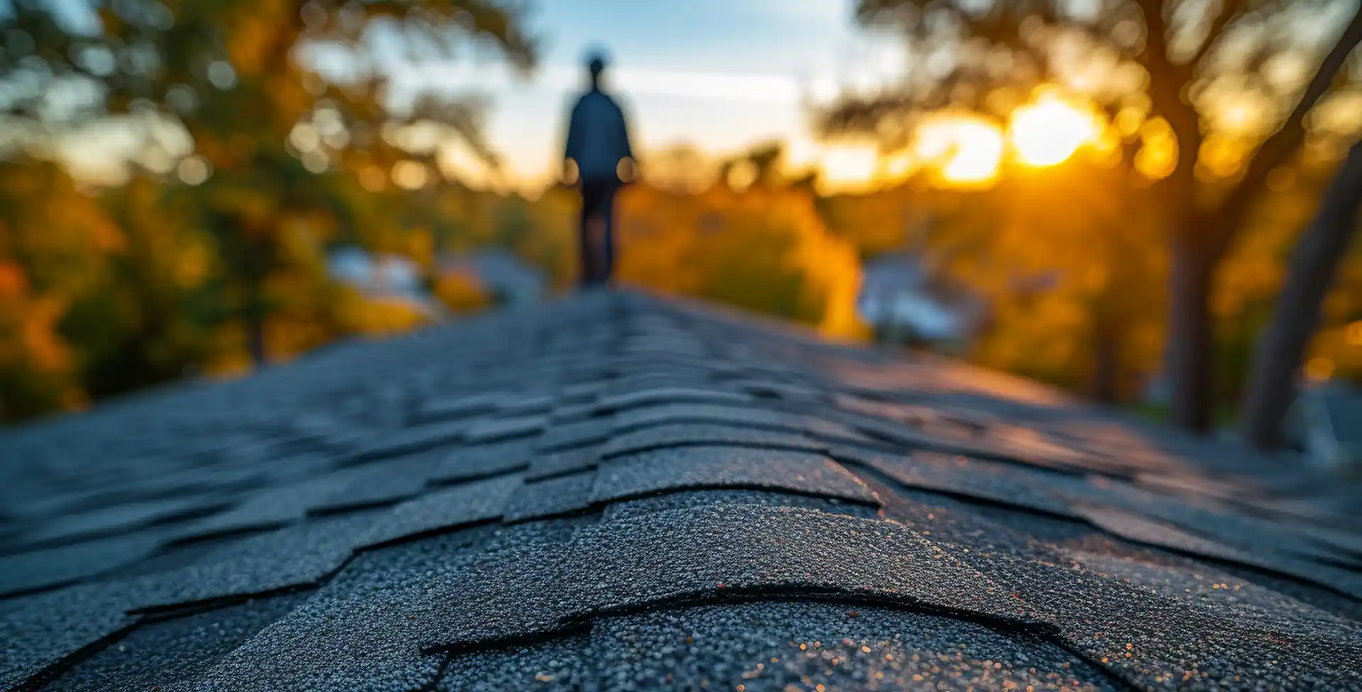 Asphalt roof with roofer in background